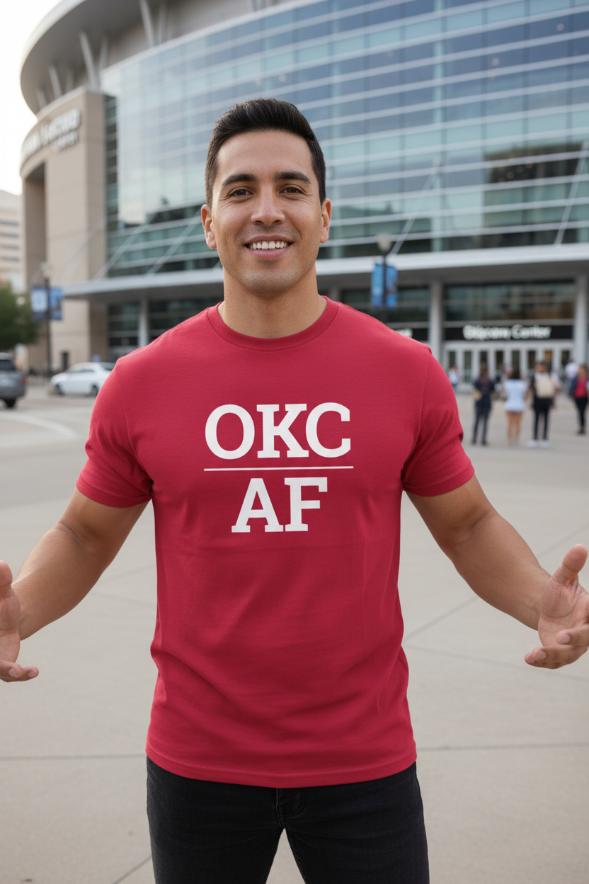 Latino man wearing cardinal OKC_AF t-shirt at Paycom Center Oklahoma City