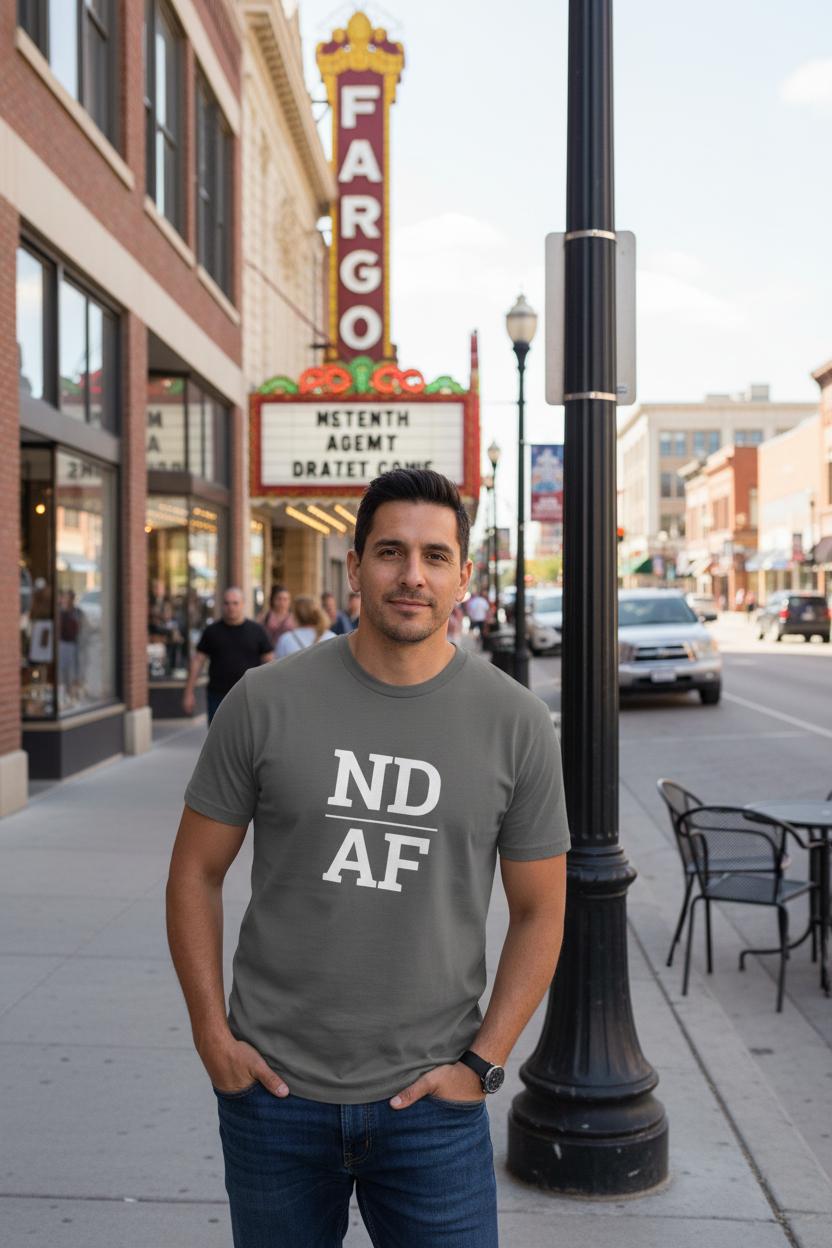 Person wearing grey North Dakota t-shirt in downtown Fargo