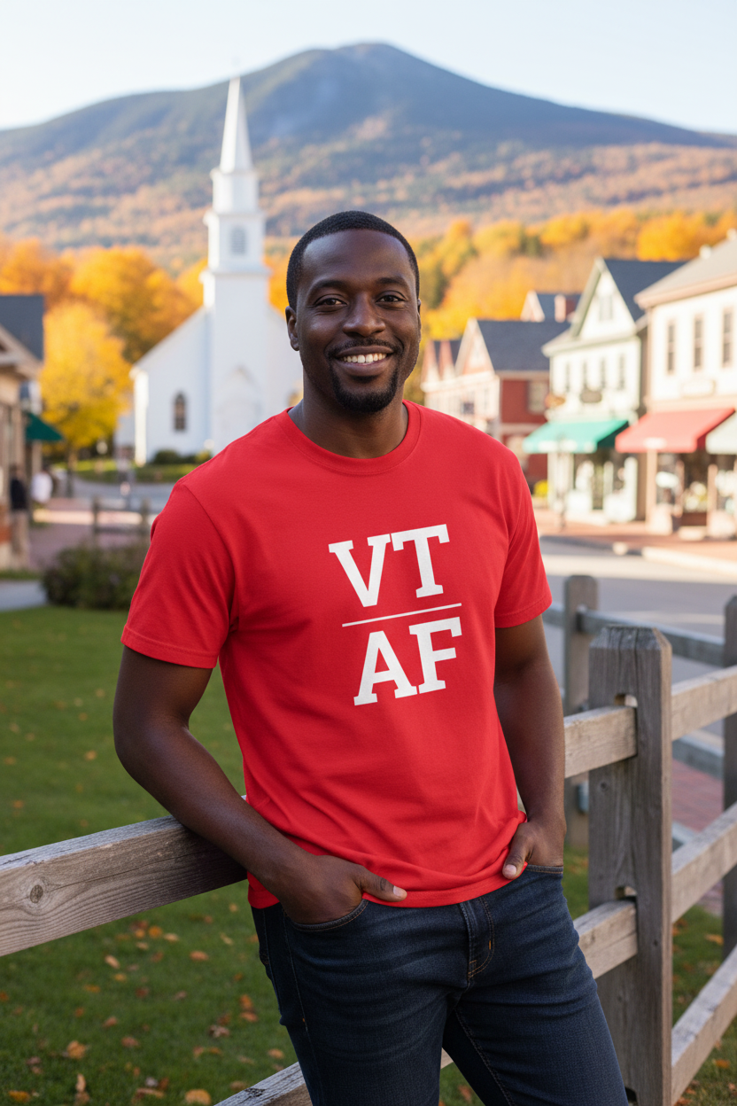 Person wearing red Vermont t-shirt in Stowe village