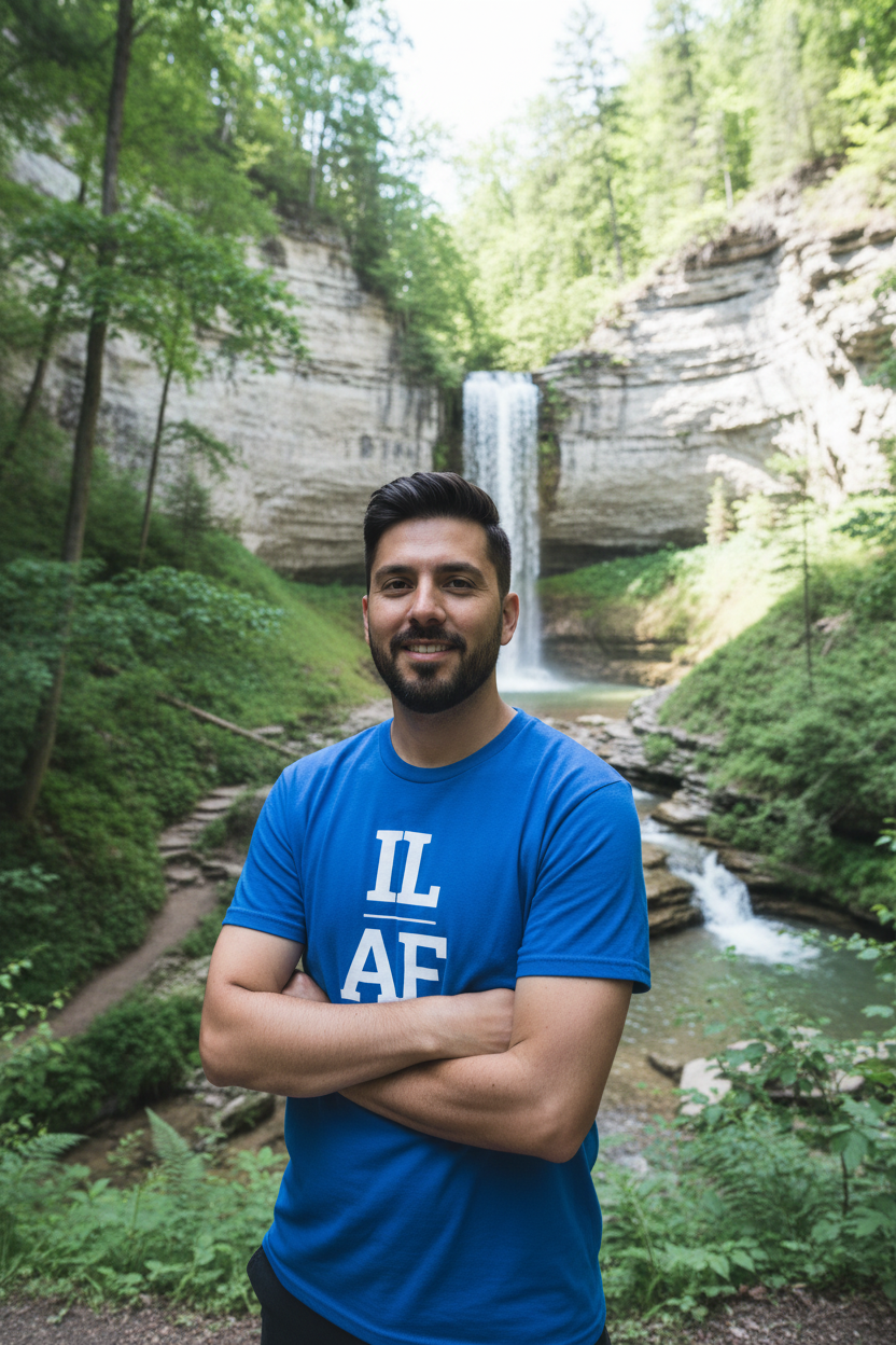 Person wearing blue Illinois t-shirt at Matthiessen State Park