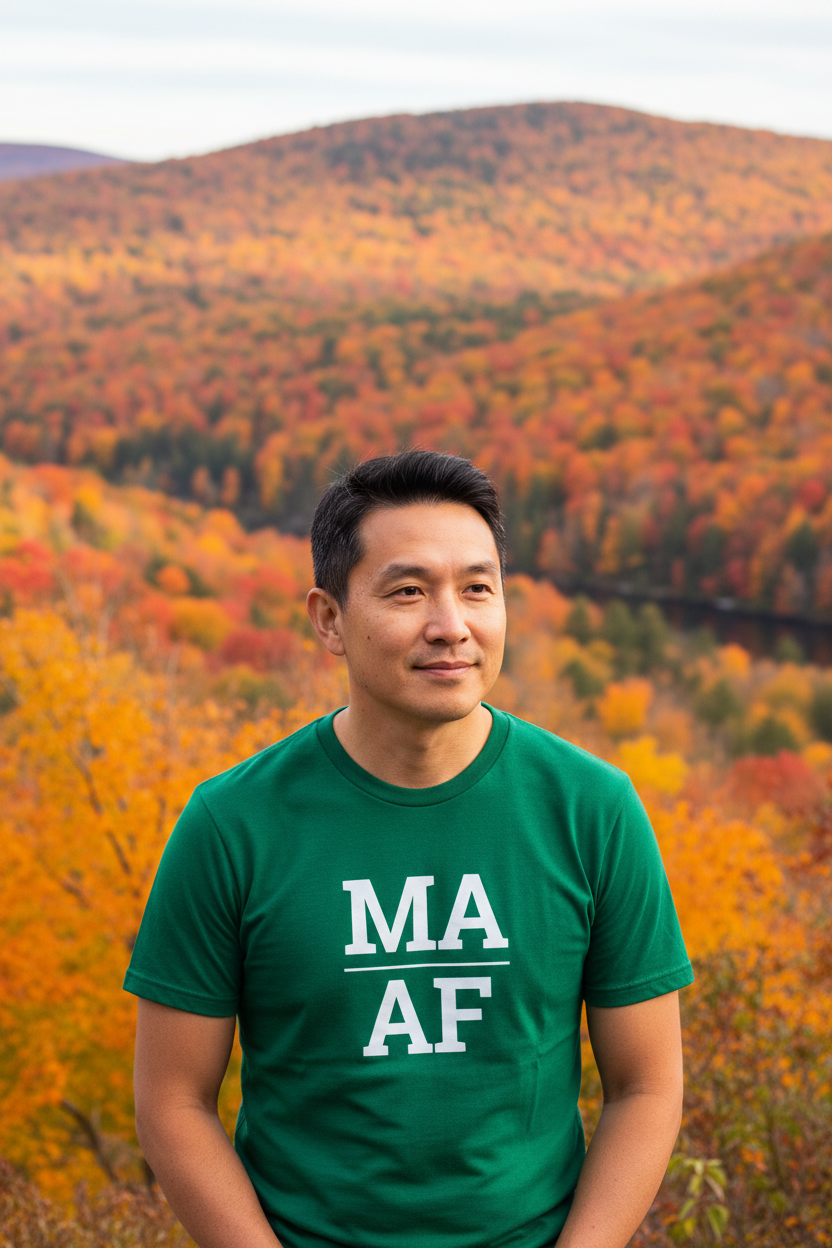 Person wearing green Massachusetts t-shirt in the Berkshires