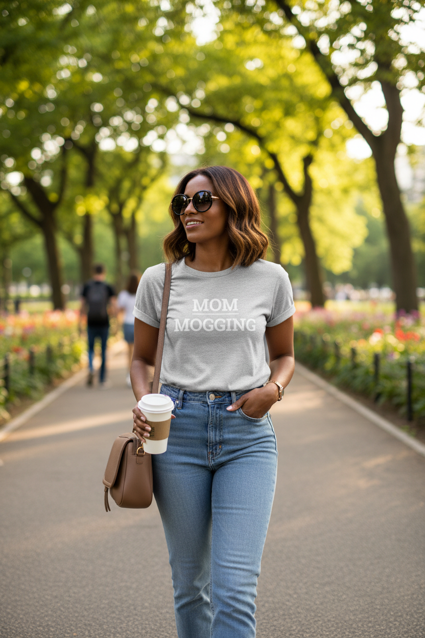 Stylish woman wearing grey MOM_MOGGING t-shirt walking in city park