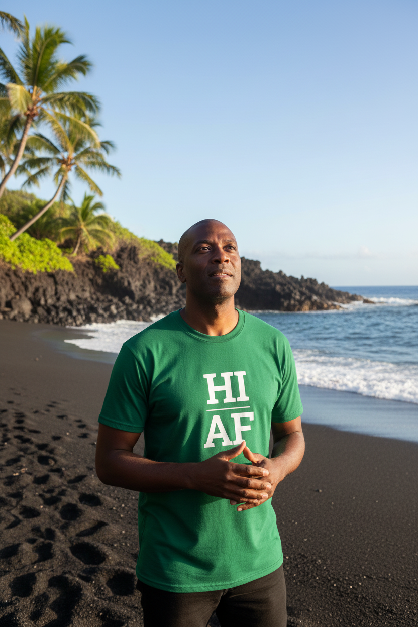 Person wearing green Hawaii t-shirt at Punaluu black sand beach