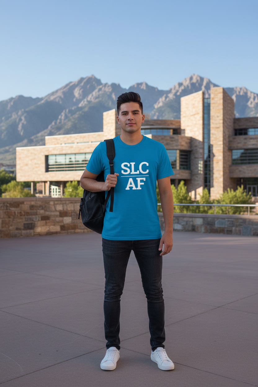 Model wearing SLC_AF sapphire blue tee at the Natural History Museum of Utah, Salt Lake City, UT