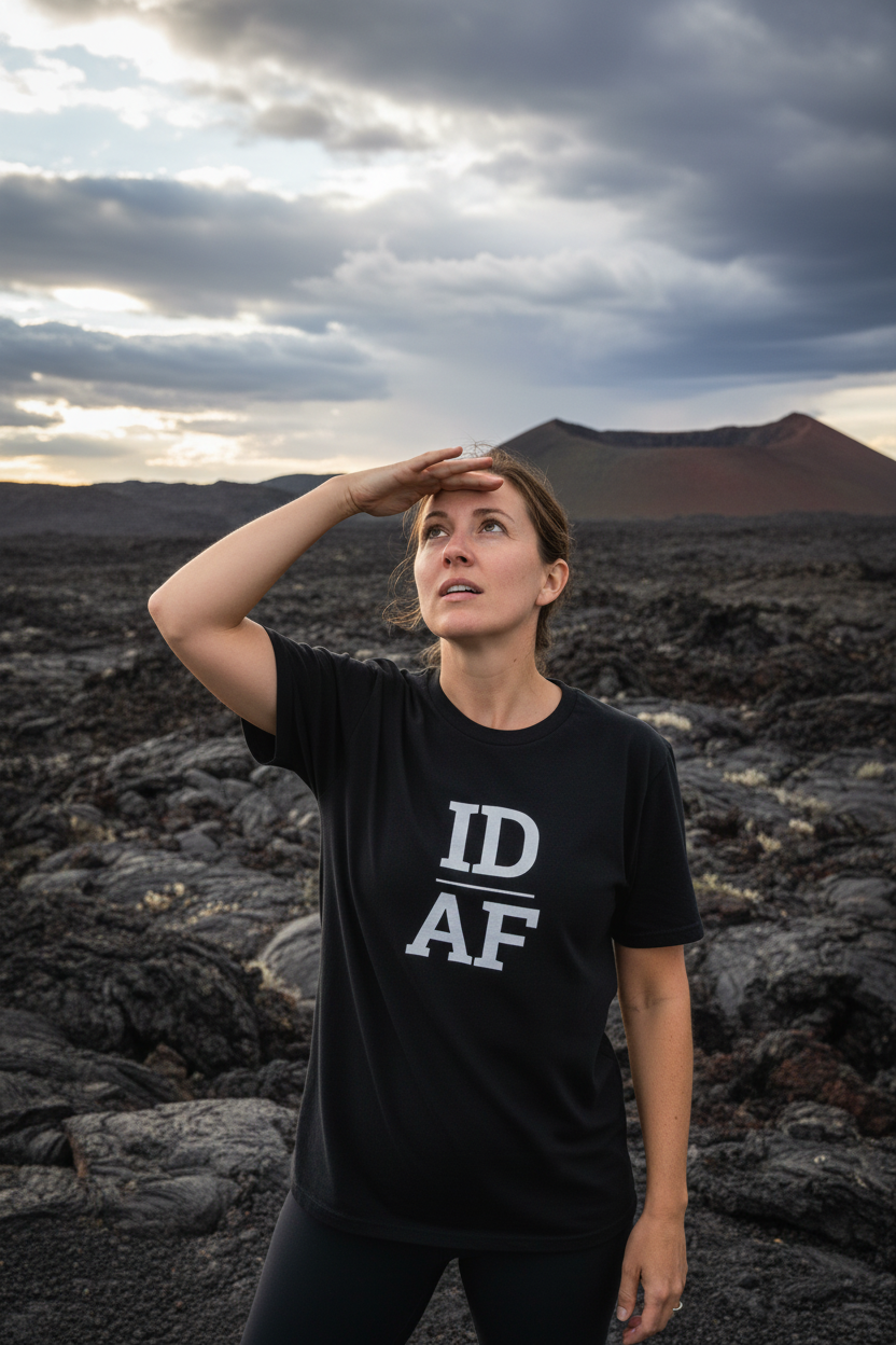Person wearing black Idaho t-shirt at Craters of the Moon