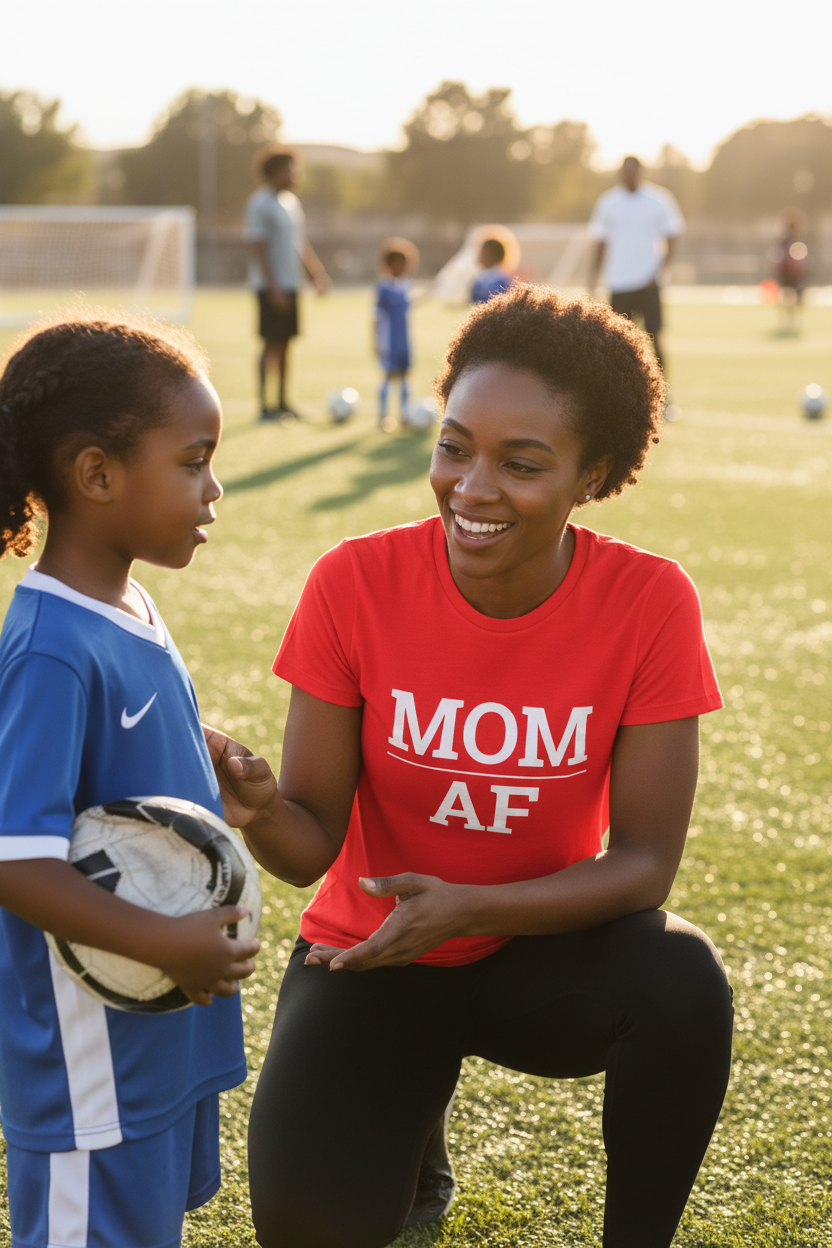 Woman wearing red MOM_AF t-shirt coaching girl at soccer field