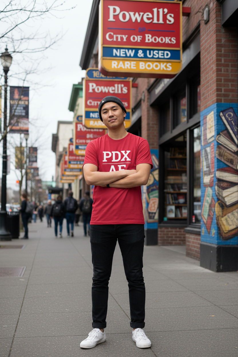 Model wearing PDX_AF cardinal red tee at Powell's City of Books, Portland, OR