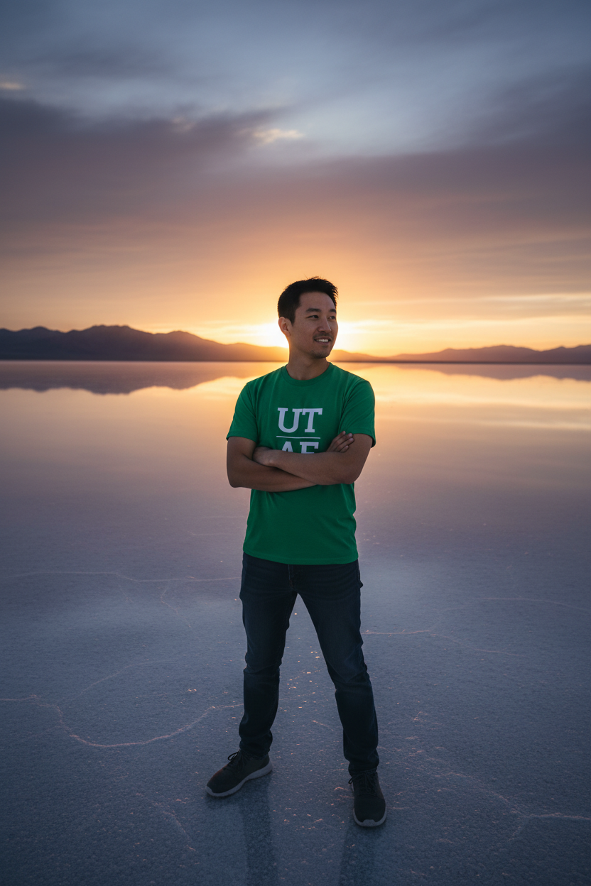 Person wearing green Utah t-shirt at the Bonneville Salt Flats