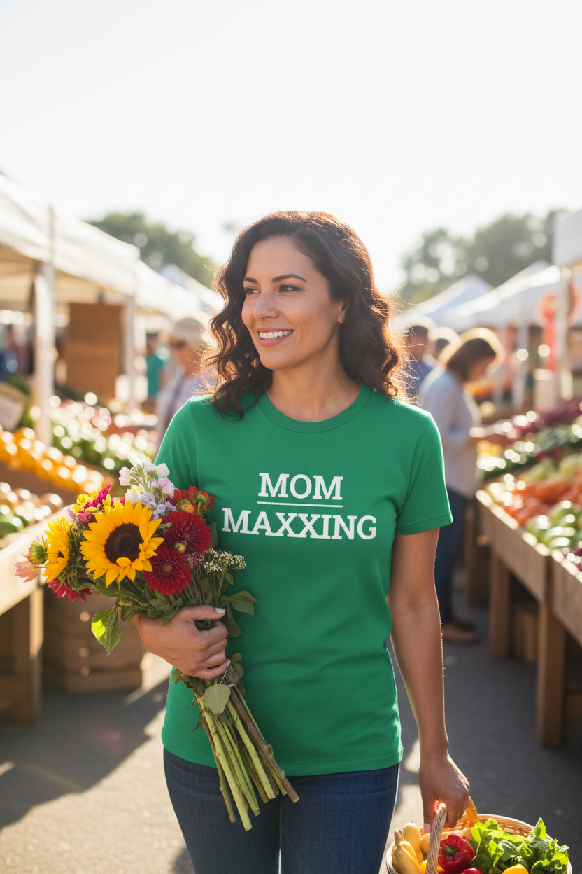 Latina woman wearing green MOM_MAXXING t-shirt at farmers market