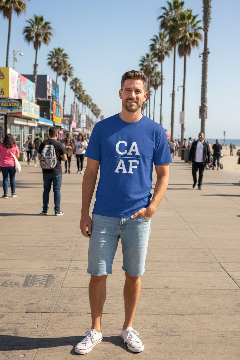 Person wearing blue California t-shirt at Venice Beach
