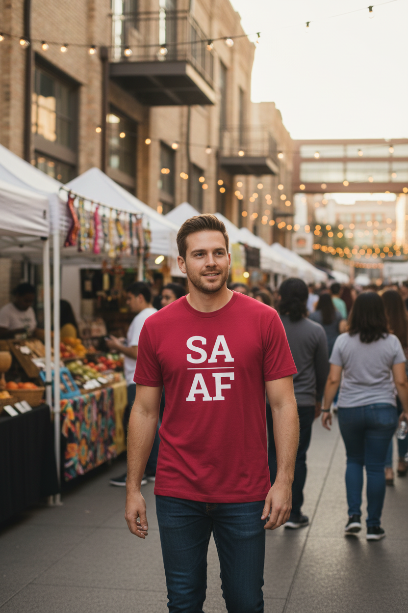 White man wearing cardinal SA_AF t-shirt in Pearl District San Antonio