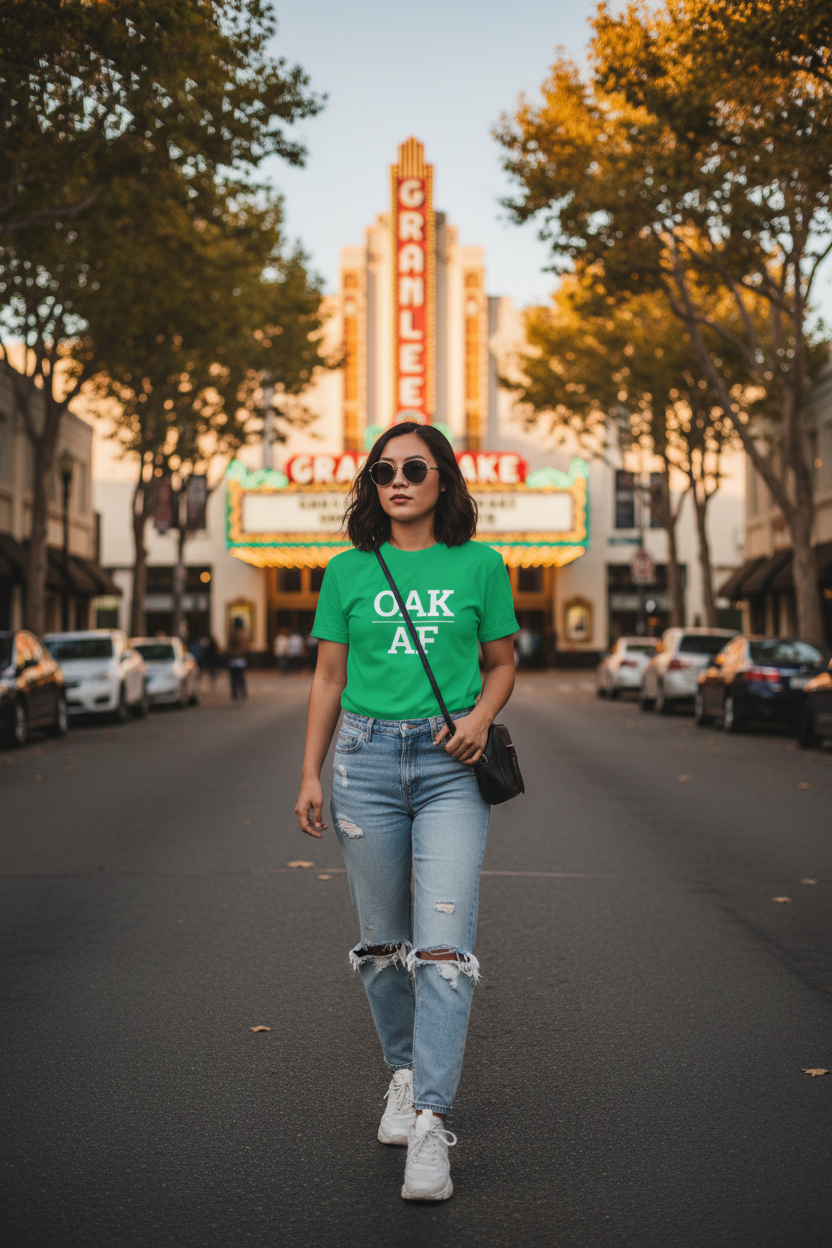 Model wearing OAK_AF irish green tee at the Grand Lake Theatre, Oakland, CA