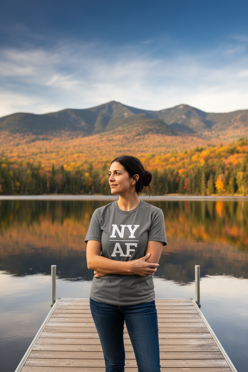 Person wearing grey New York t-shirt in the Adirondack Mountains
