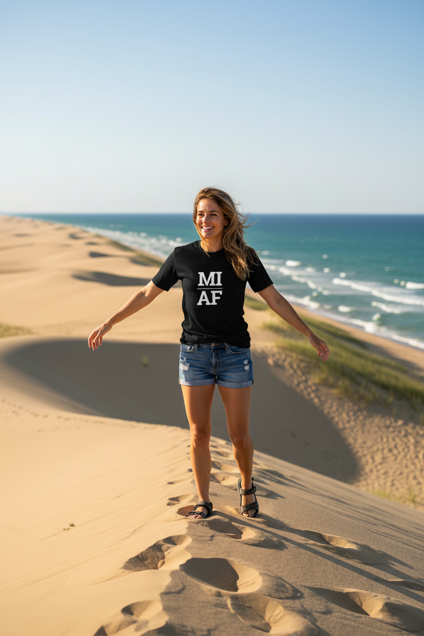 Person wearing black Michigan t-shirt at Sleeping Bear Dunes