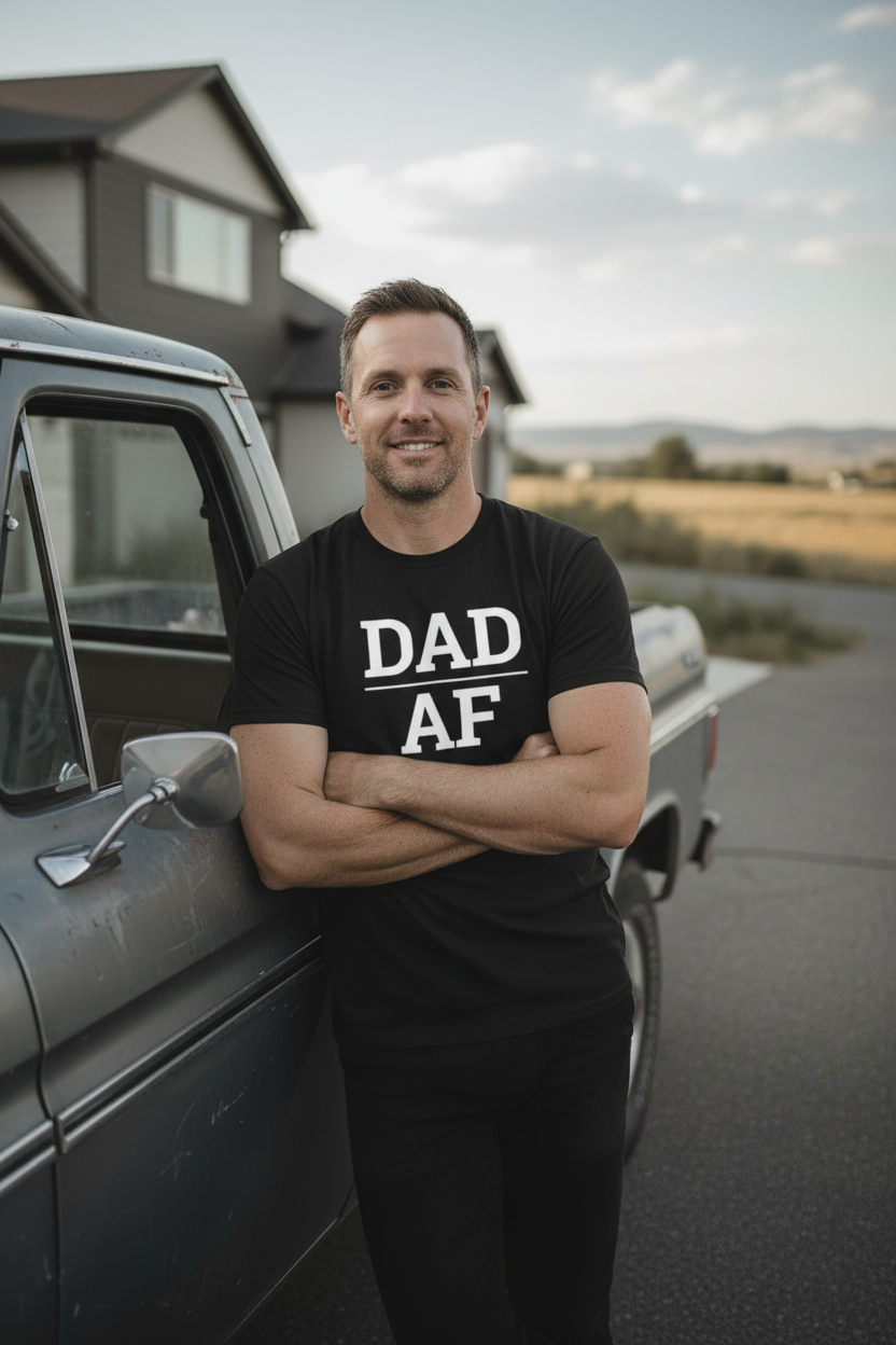 Man wearing black DAD_AF t-shirt leaning on a pickup truck