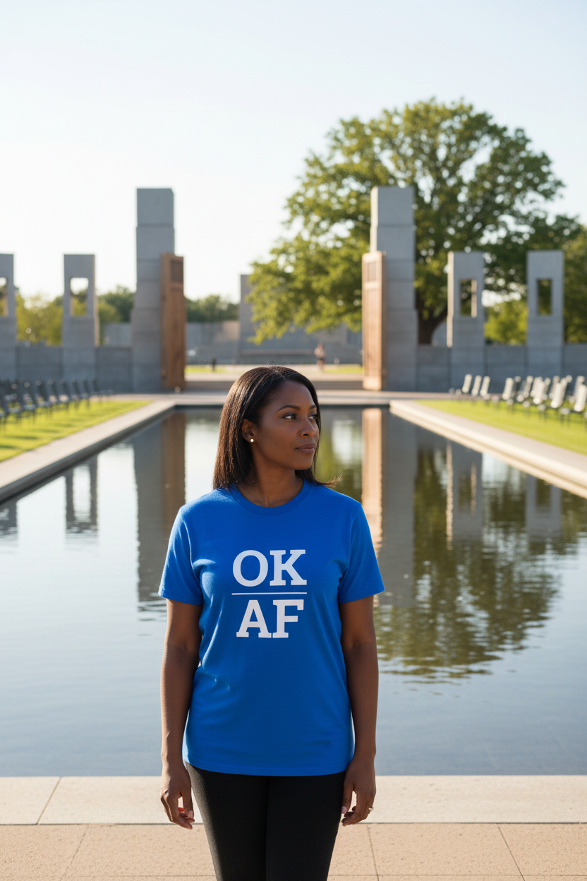 Person wearing blue Oklahoma t-shirt at the Oklahoma City National Memorial