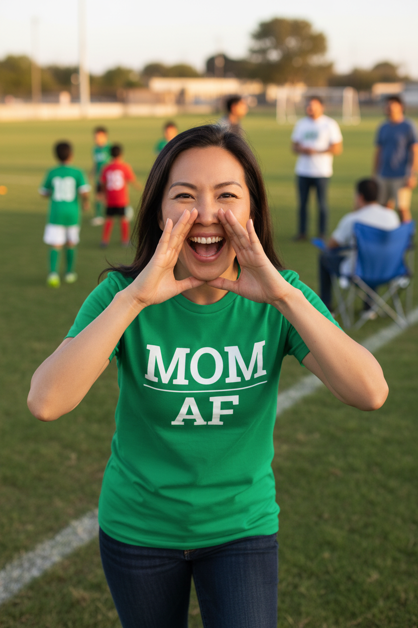 Woman wearing green MOM_AF t-shirt cheering at kids sports game
