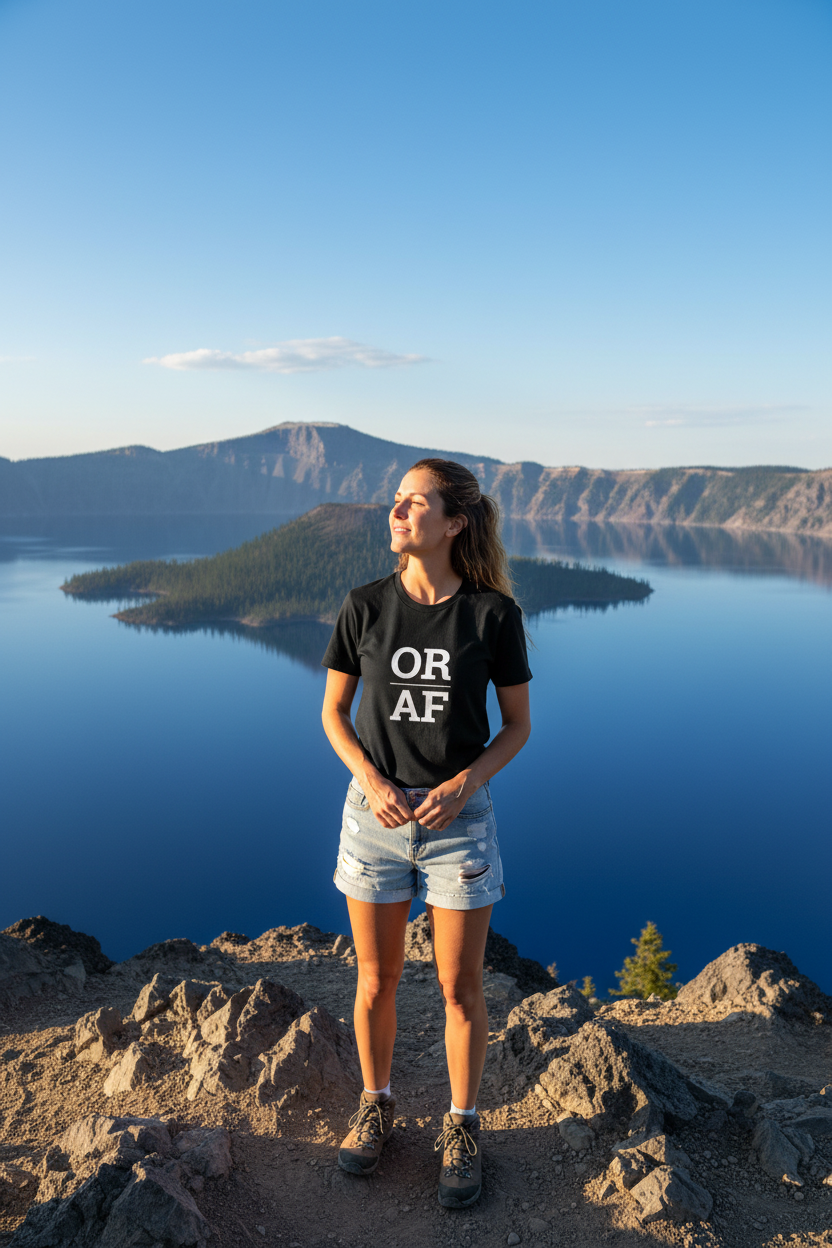 Person wearing black Oregon t-shirt at Crater Lake