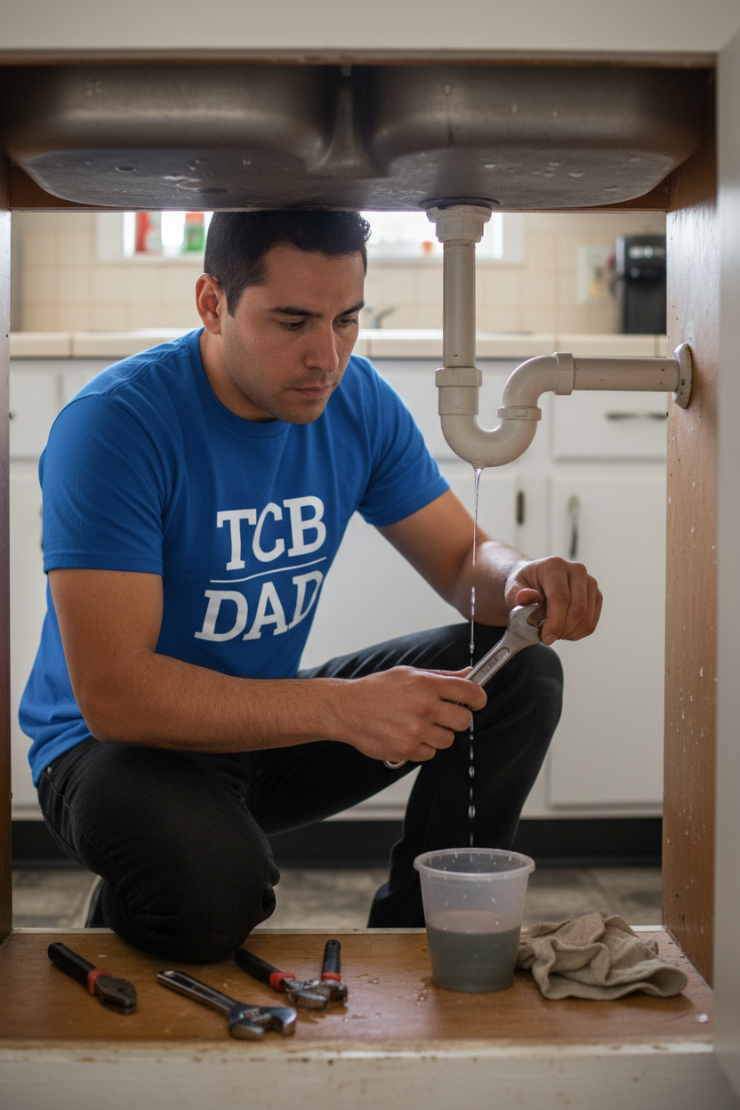 Latino man wearing royal blue TCB_DAD t-shirt fixing leaky sink