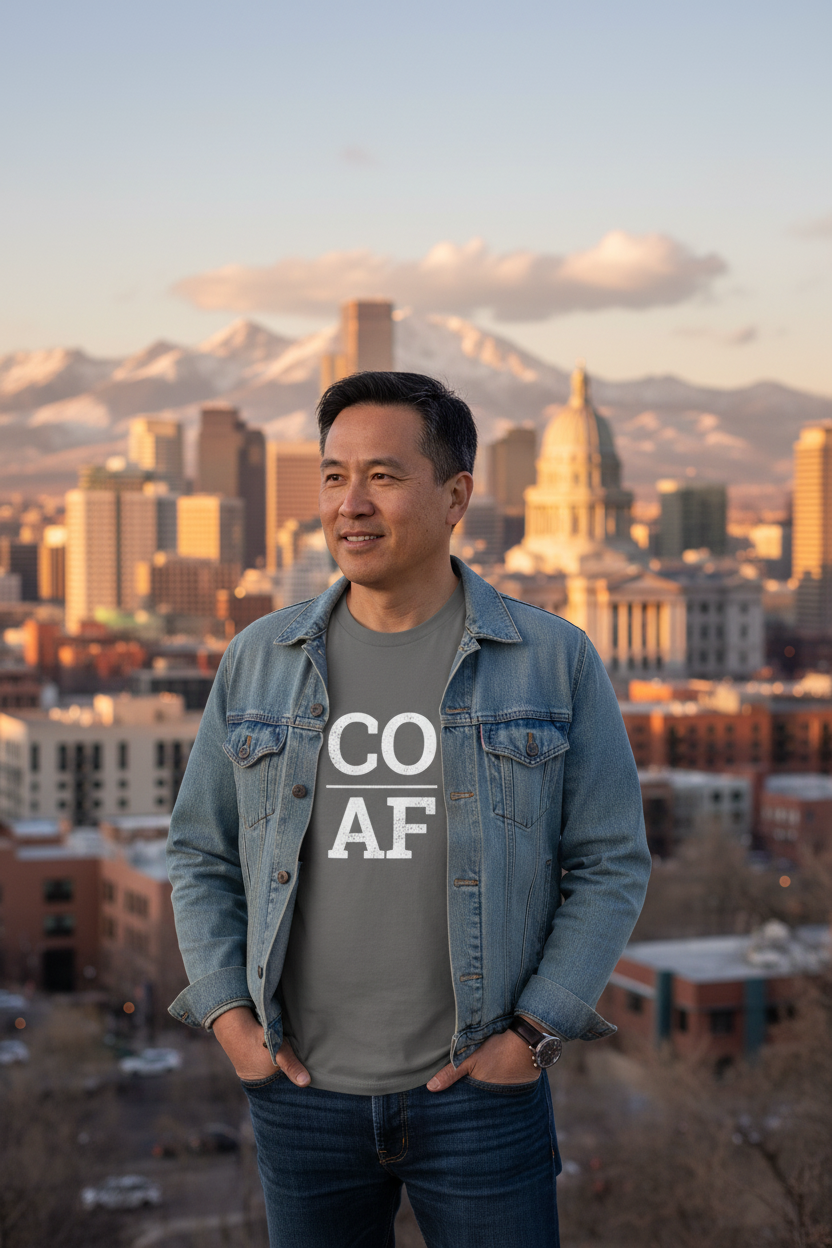 Person wearing grey Colorado t-shirt with Denver skyline backdrop