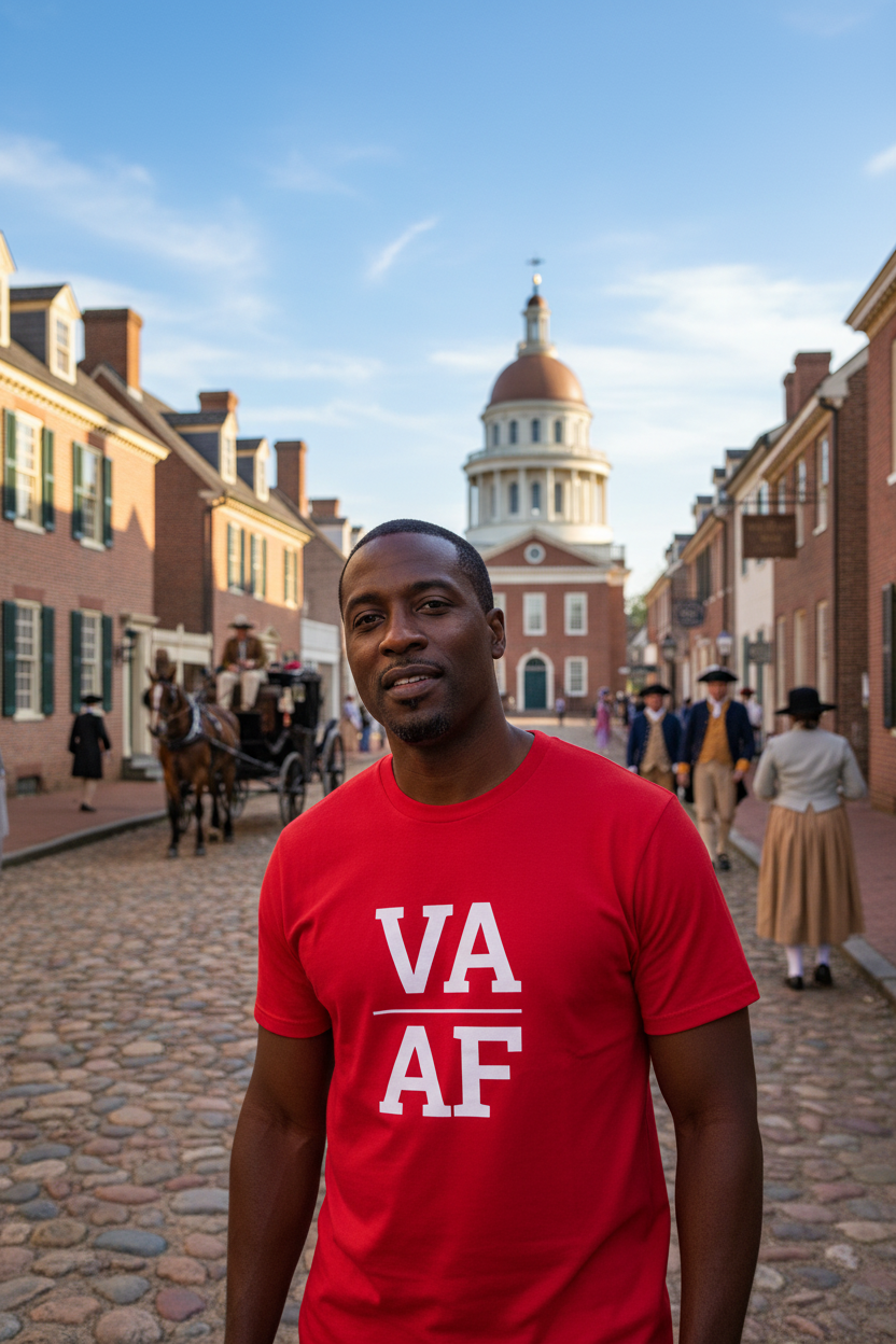 Person wearing red Virginia t-shirt at Colonial Williamsburg