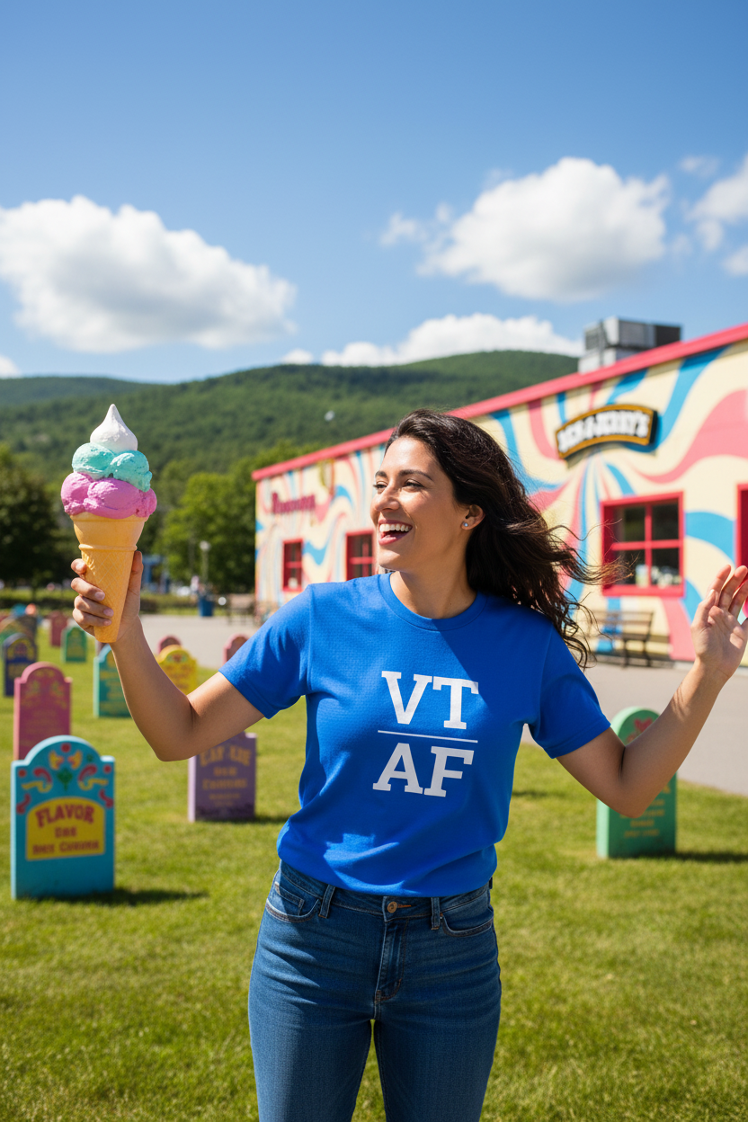 Person wearing blue Vermont t-shirt at Ben and Jerry's factory