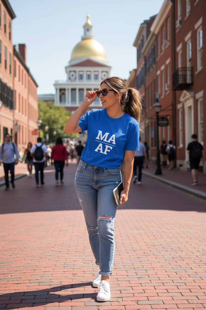 Person wearing blue Massachusetts t-shirt on the Freedom Trail