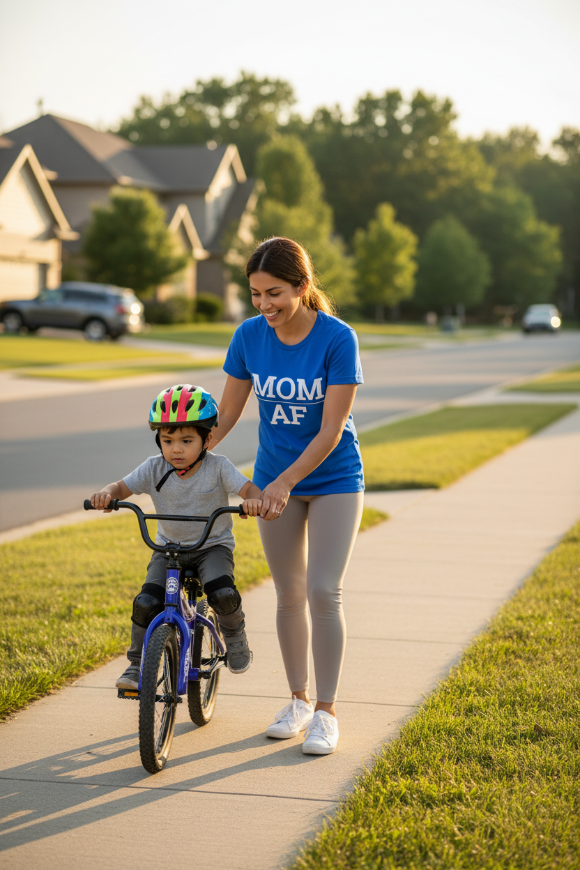 Woman wearing blue MOM_AF t-shirt teaching child to ride a bike
