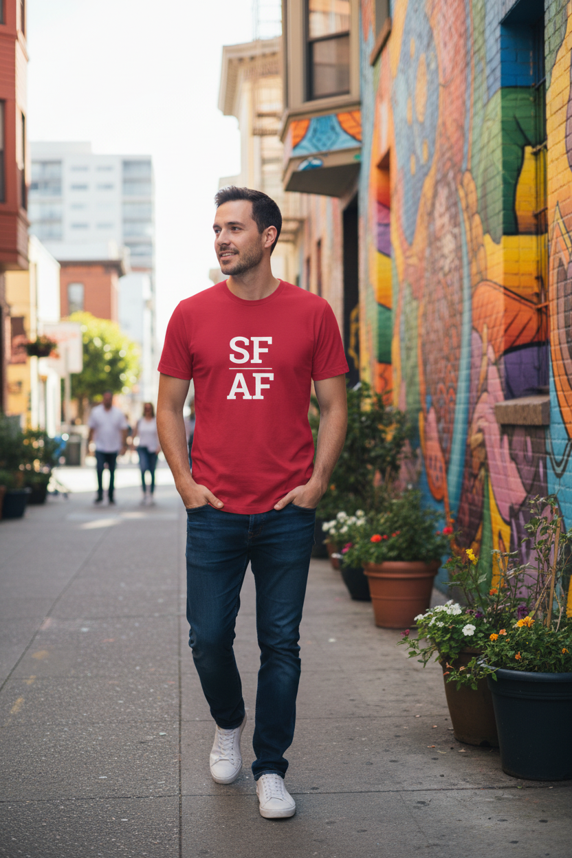 White man wearing cardinal SF_AF t-shirt in Mission District San Francisco