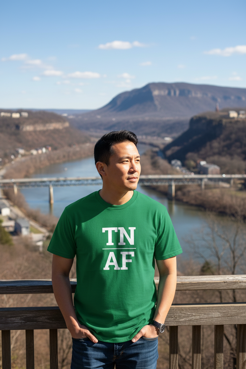 Person wearing green Tennessee t-shirt at the Tennessee River Gorge