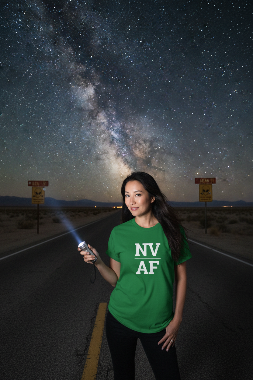 Person wearing green Nevada t-shirt on the Extraterrestrial Highway