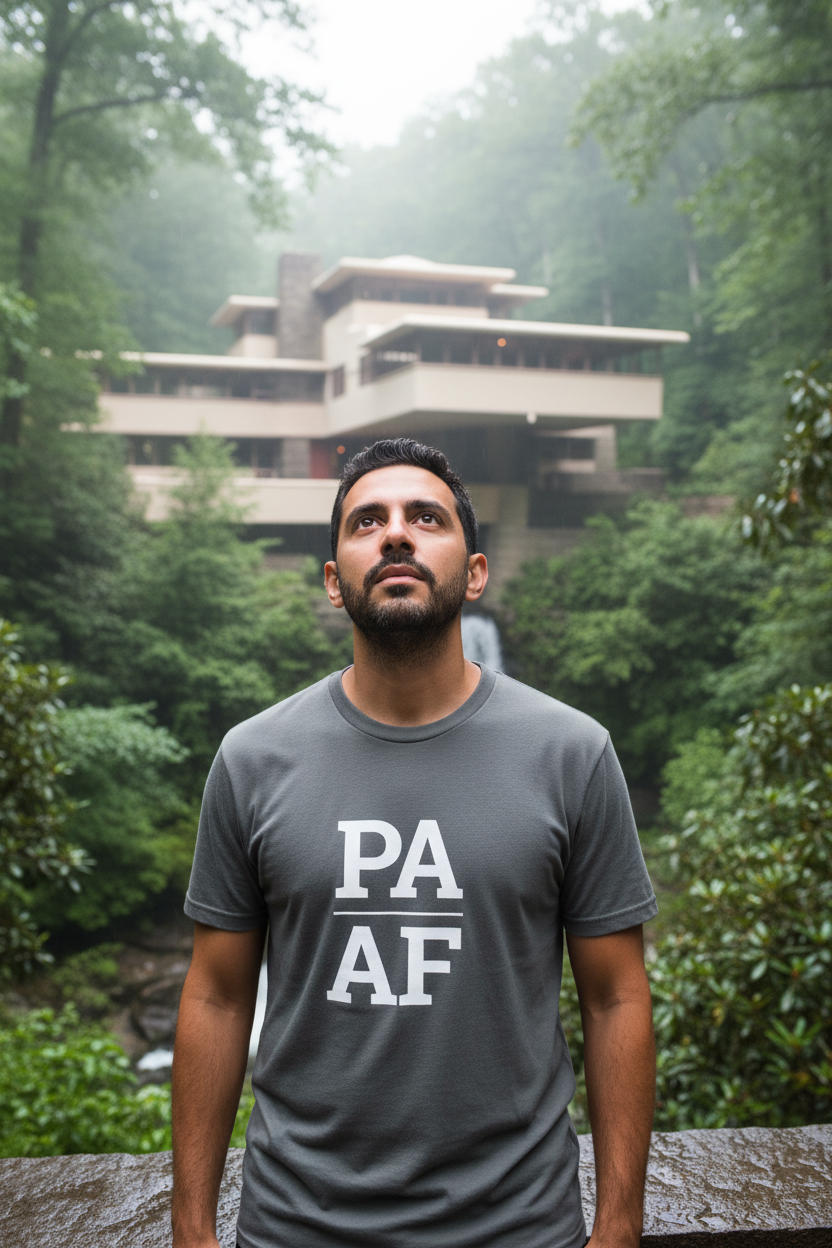 Person wearing grey Pennsylvania t-shirt at Fallingwater