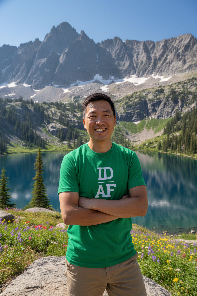 Person wearing green Idaho t-shirt at the Sawtooth Mountains