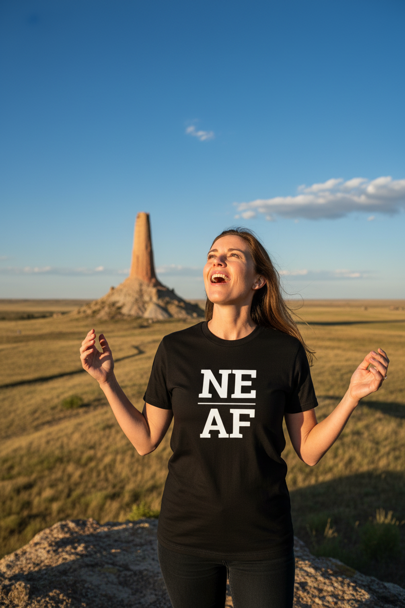 Person wearing black Nebraska t-shirt at Chimney Rock