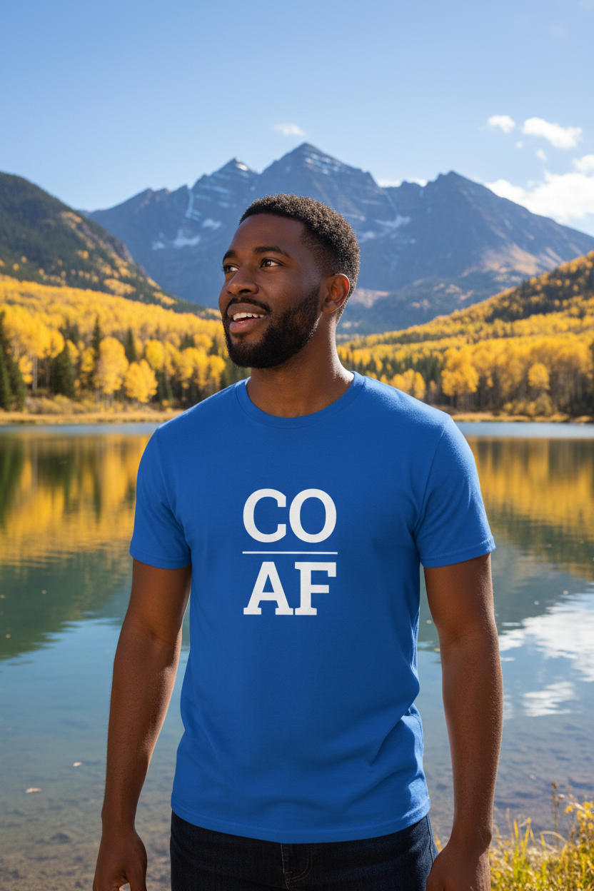 Person wearing blue Colorado t-shirt at Maroon Bells