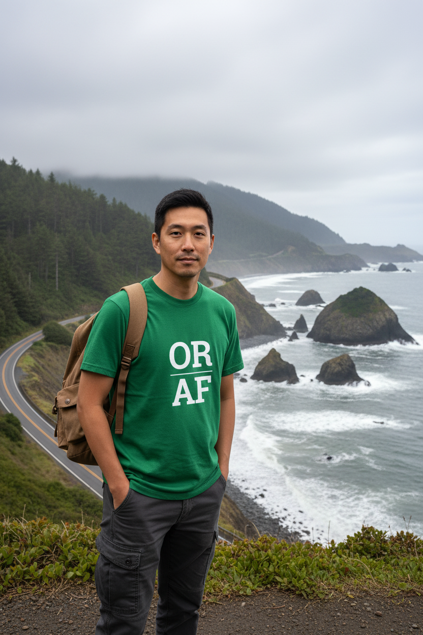Person wearing green Oregon t-shirt on the Oregon Coast Highway