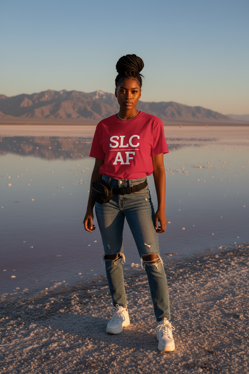 Model wearing SLC_AF cardinal red tee at the Great Salt Lake shoreline, Utah