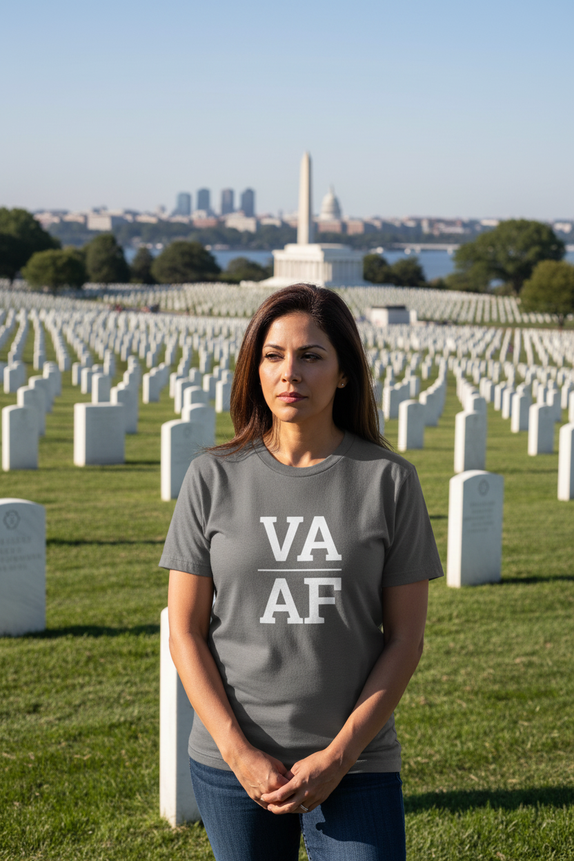 Person wearing grey Virginia t-shirt at Arlington National Cemetery