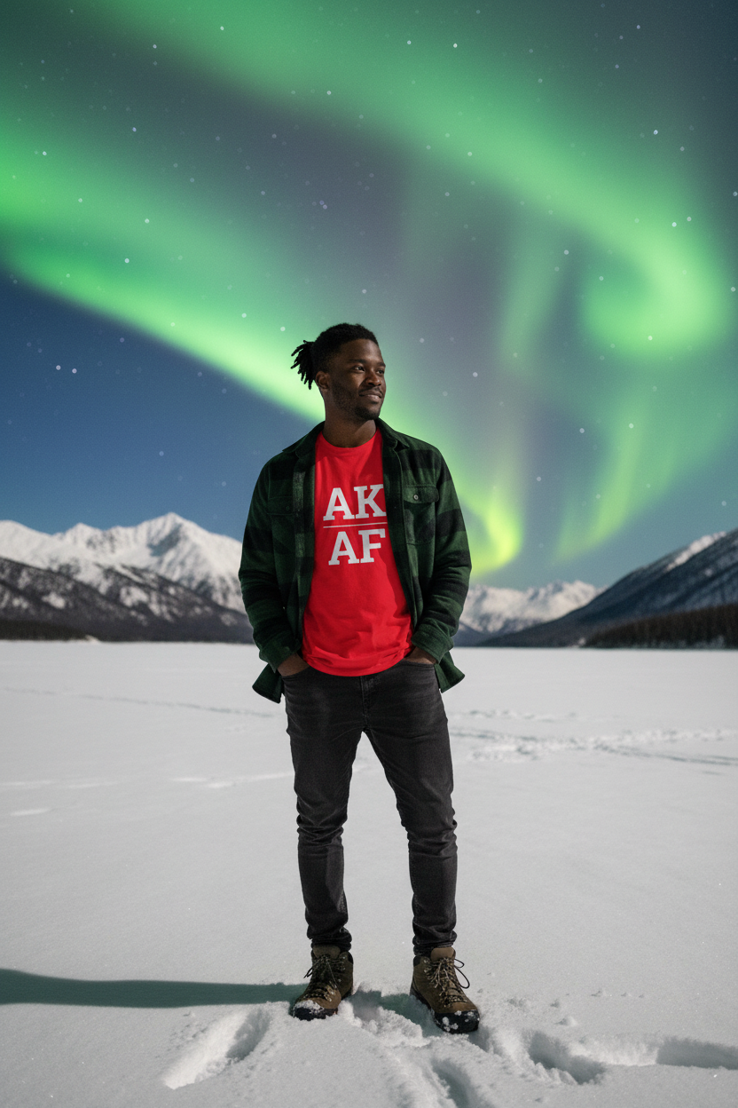 Person wearing red Alaska t-shirt with Northern Lights backdrop