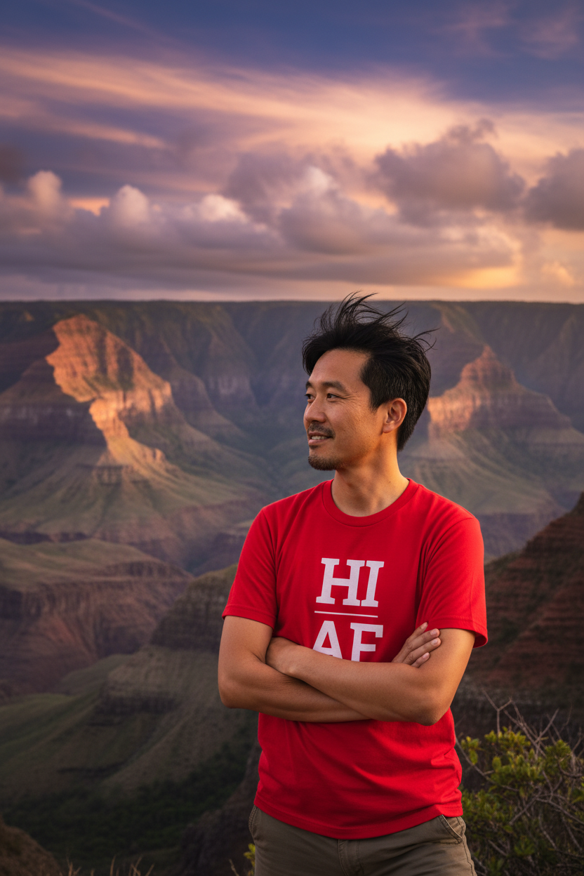 Person wearing red Hawaii t-shirt at Waimea Canyon