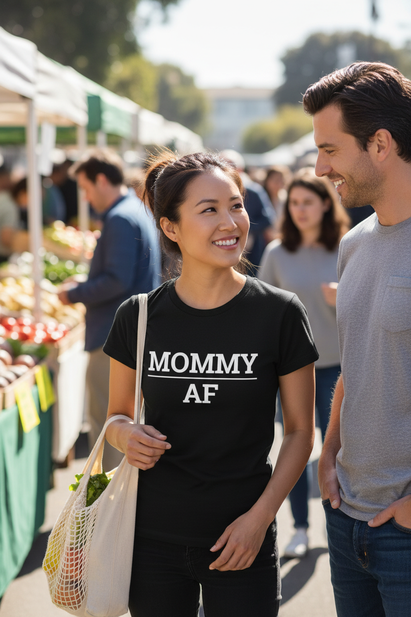 Asian woman wearing black MOMMY_AF t-shirt, man admiring her at farmers market