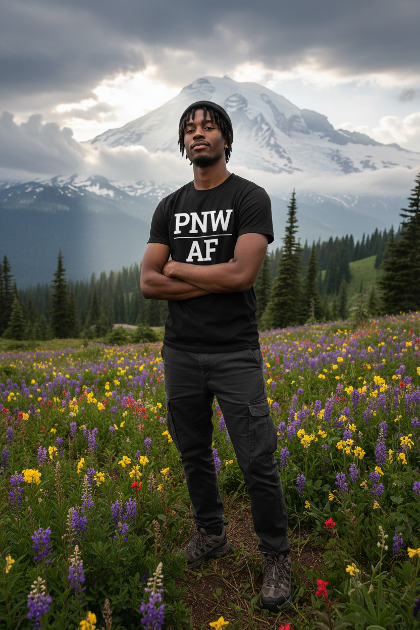 Model wearing PNW_AF black tee at Mount Rainier National Park, Washington