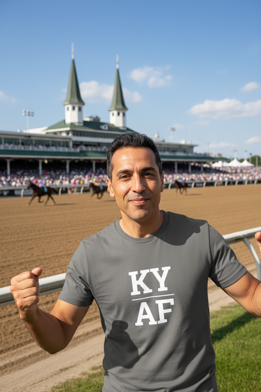 Person wearing grey Kentucky t-shirt at Churchill Downs