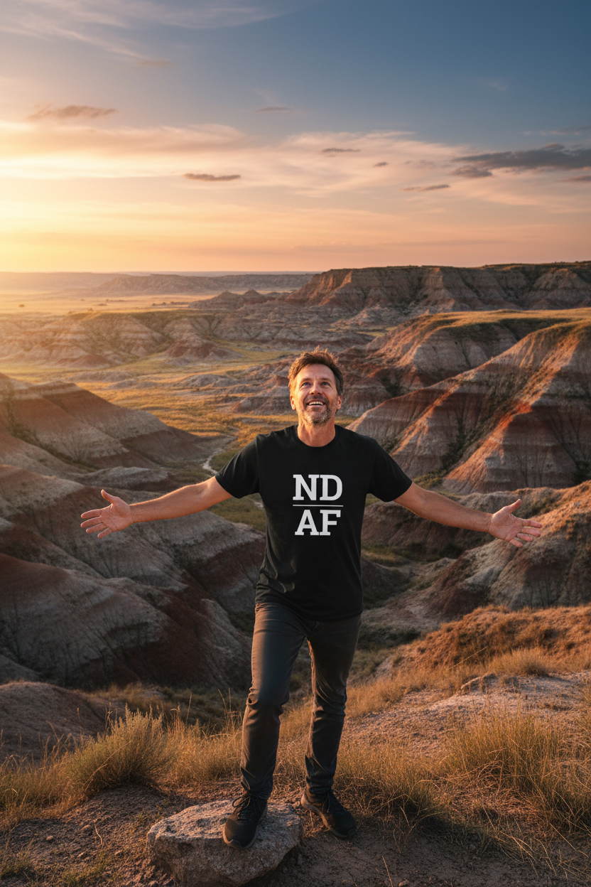 Person wearing black North Dakota t-shirt at Theodore Roosevelt National Park