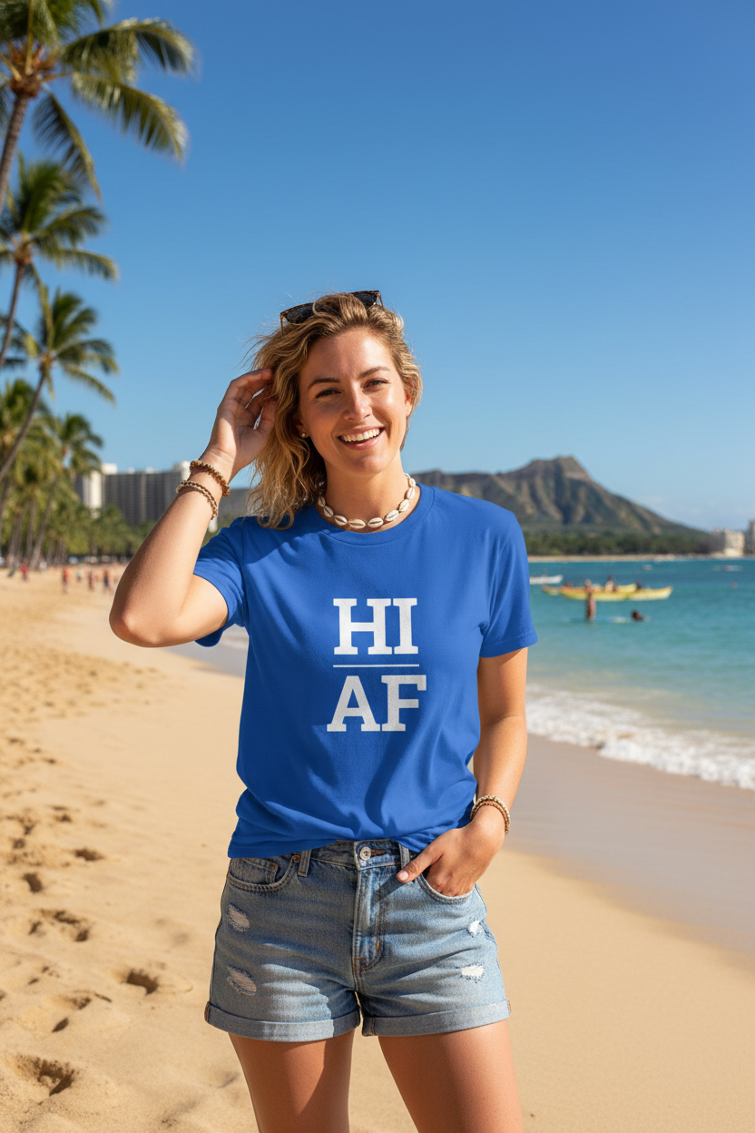 Person wearing blue Hawaii t-shirt at Waikiki Beach