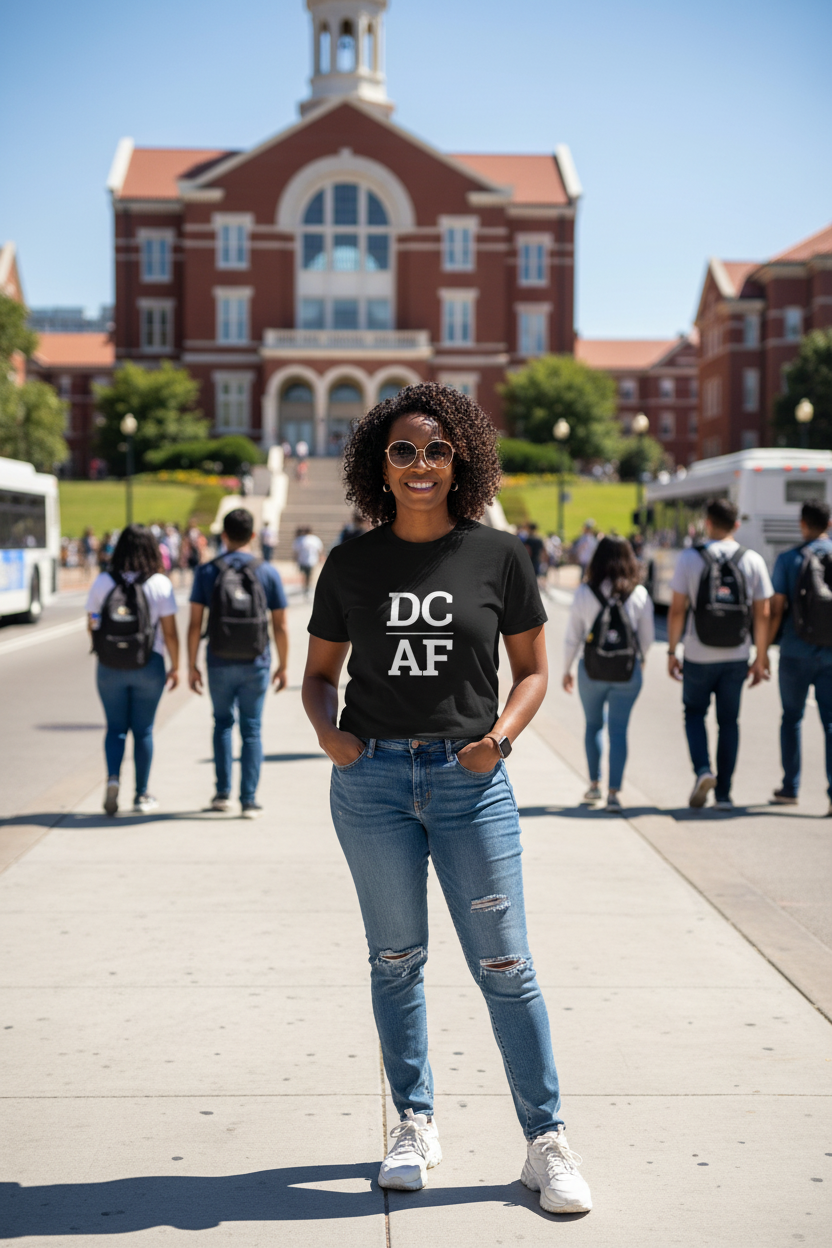 Person wearing black DC t-shirt at Howard University