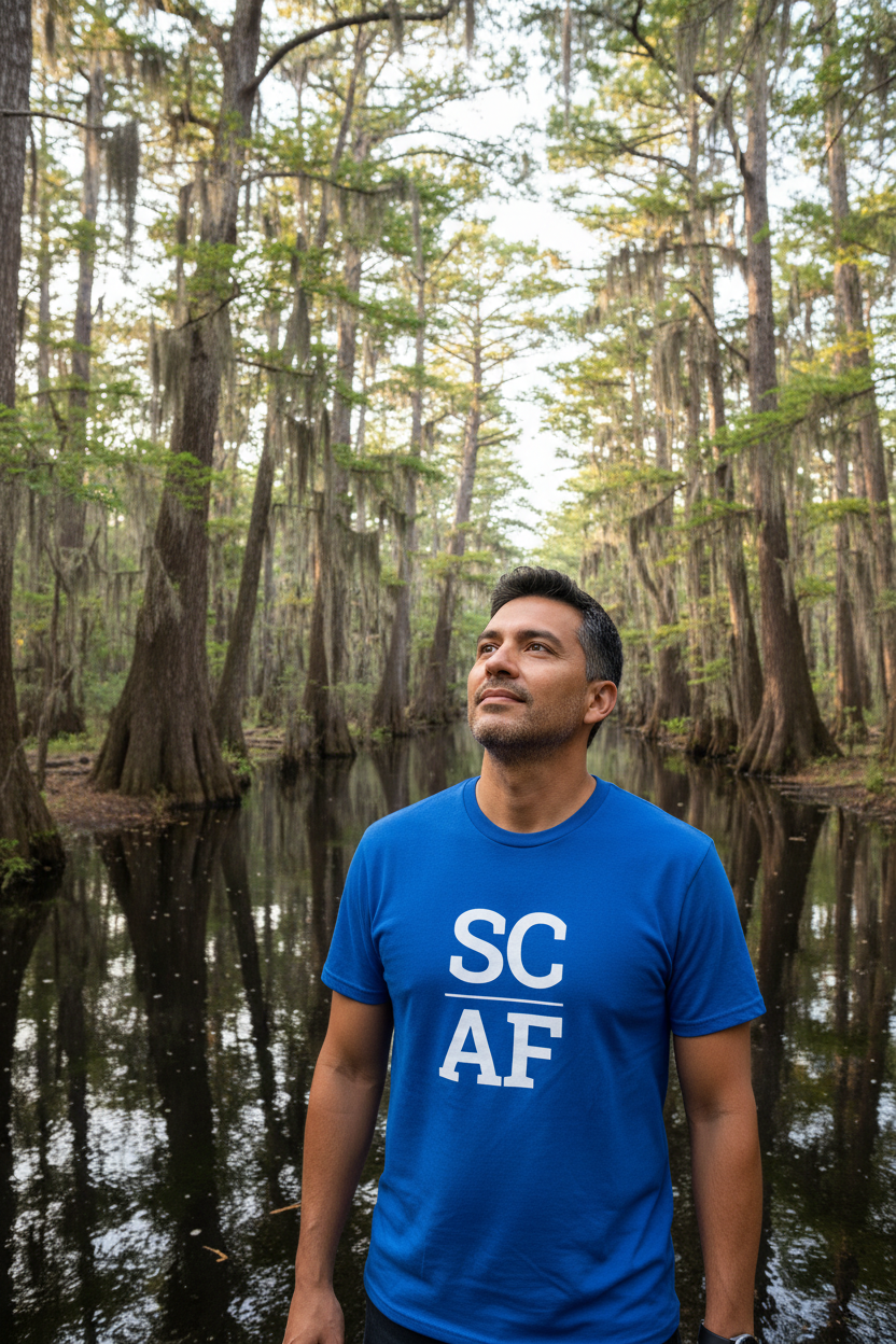Person wearing blue South Carolina t-shirt at Congaree National Park