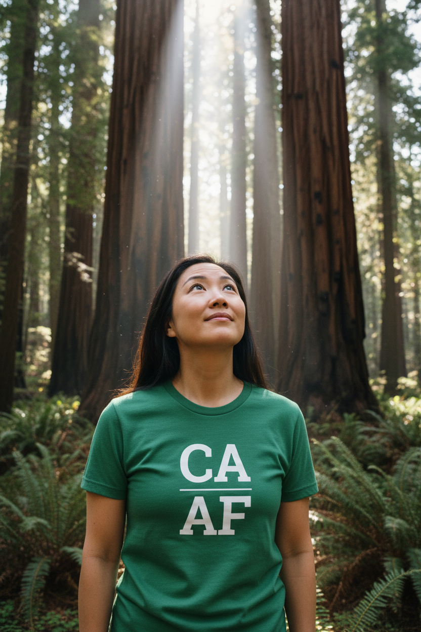 Person wearing green California t-shirt at Redwood National Park