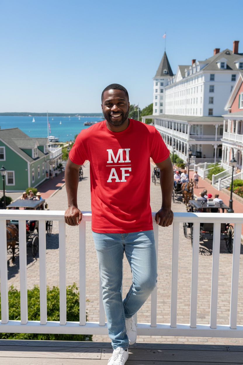 Person wearing red Michigan t-shirt at Mackinac Island