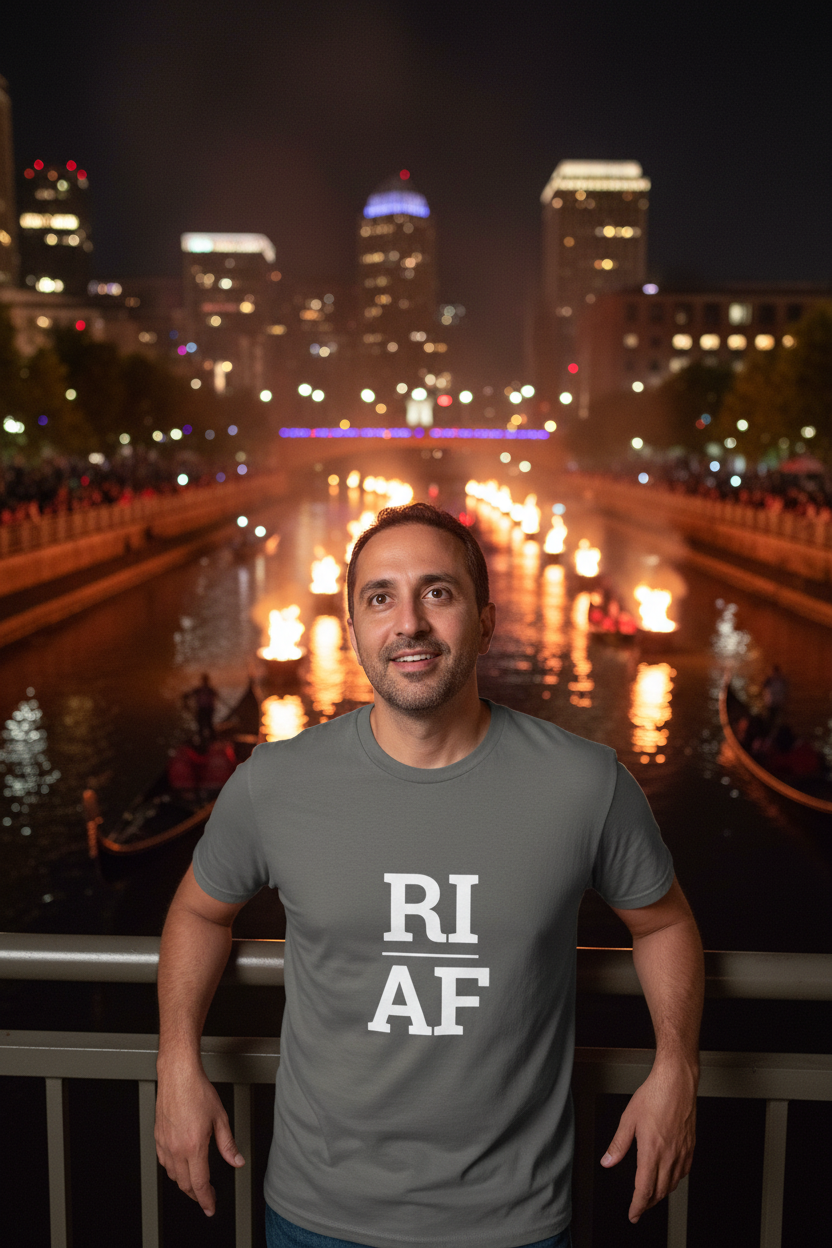 Person wearing grey Rhode Island t-shirt at WaterFire Providence